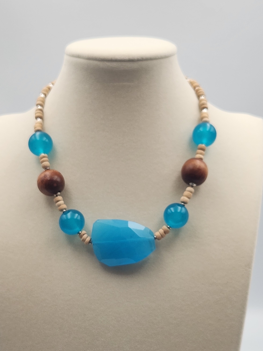 Blue Beaded Statement Necklace - Wood & Glass Beads